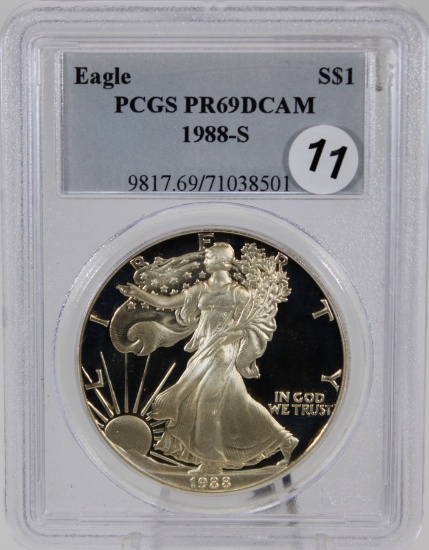 1988-S American Silver Eagle, PR69DCAM, 1 oz Fine Silver, PCGS Certified