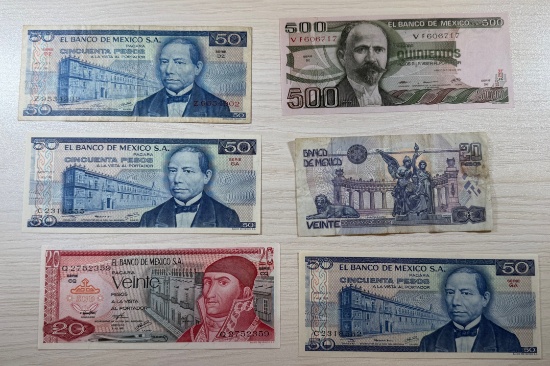 6 pcs- Mexican Peso Currency Collection - 20, 50, 500 Pesos, sells times the money