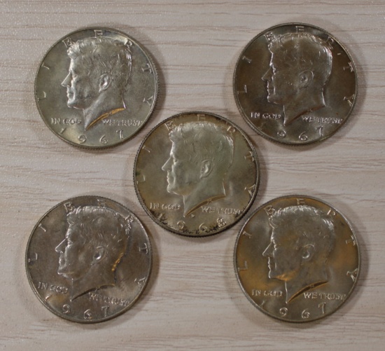 5- 40% Silver Kennedy Half Dollars, sells times the money