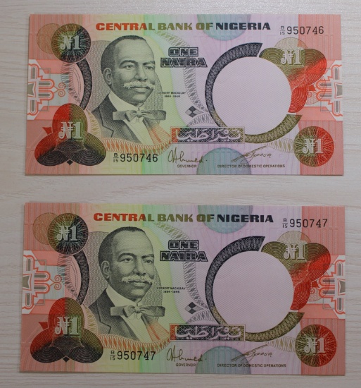 2- Nigerian One Naira Banknotes, w/ sequential serial numbers, sells times the money