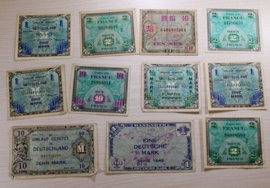 11 pcs- Military Payment Certificates, 1944-1948, Various Denominations, sells times the money