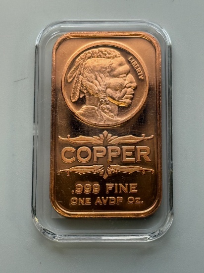1 AVDP oz .999 Fine Copper Bullion Bar, Native American & Eagle Design