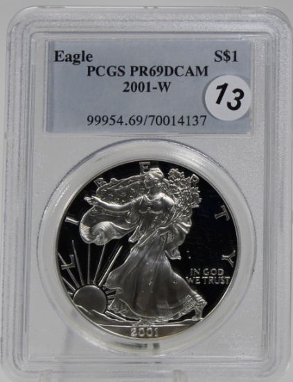 2001-W American Silver Eagle in PCGS PR69DCAM Holder