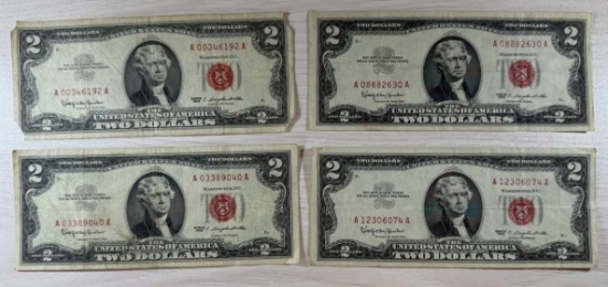 4- 1963 US $2 Red Seal United States Notes, sells times the money