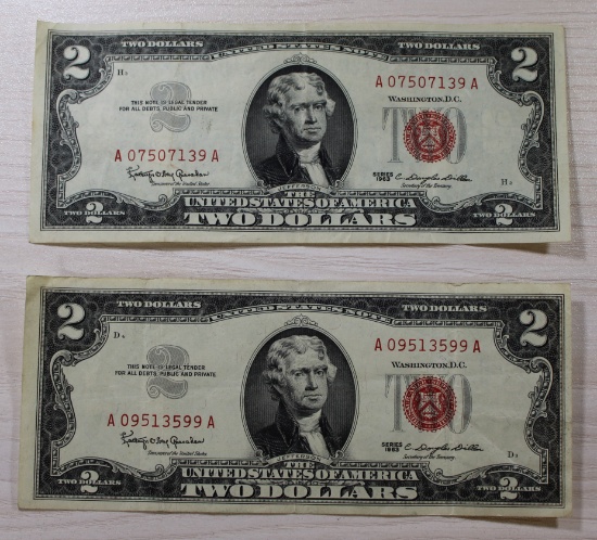 2- 1963 US $2 Red Seal United States Notes, sells times the money