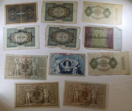 11 pcs- German Reichsbank Currency, 50-1000 Mark Denominations, 1922-1923, sells times the money