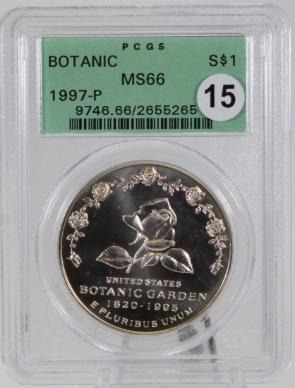1997-P United States Botanic Garden Silver Dollar, MS66 Grade, OLD HOLDER PCGS Slab