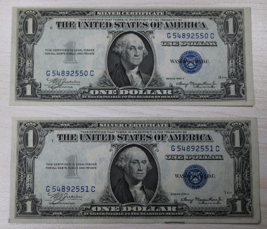 2- 1935A $1.00 Silver Certificates, w/ sequential serial numbers, sells times the money