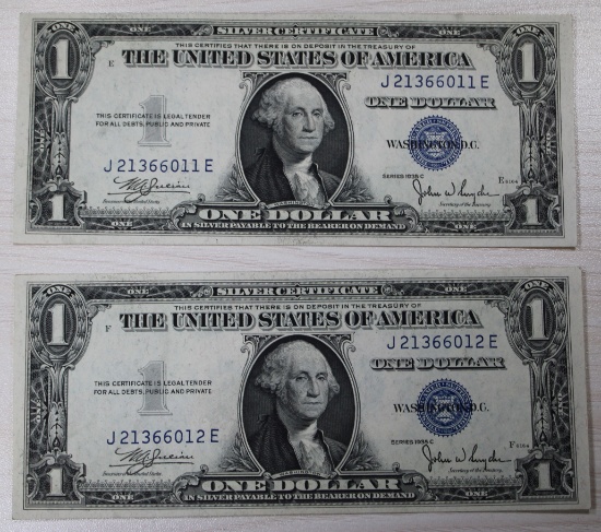 2- 1935C $1.00 Silver Certificates, w/ sequential serial numbers, sells times the money