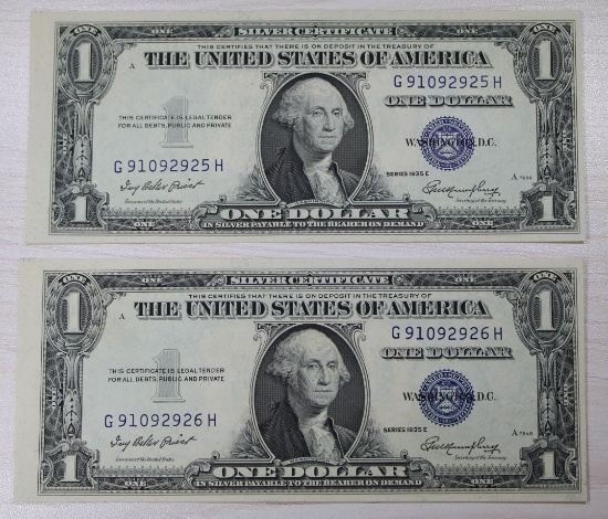 2- 1935E $1.00 Silver Certificates, w/ sequential serial numbers, sells times the money