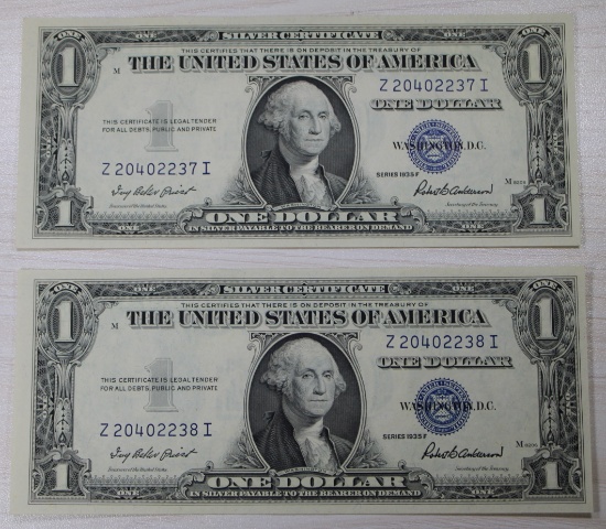 2- 1935F $1.00 Silver Certificates, w/ sequential serial numbers, sells times the money