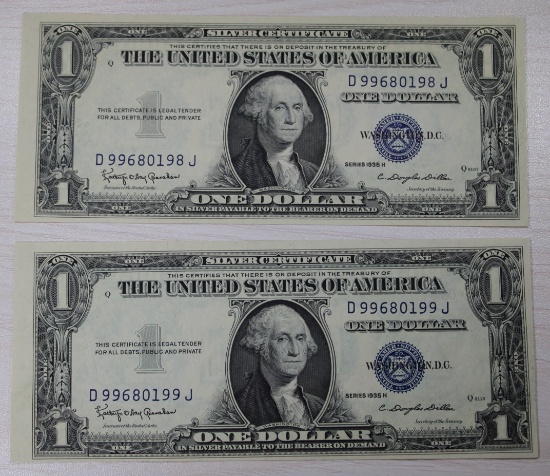 2- 1935H $1.00 Silver Certificates WITH MOTTO, w/ sequential serial numbers, sells times the money