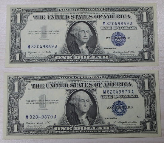 2- 1957A $1.00 Silver Certificates, w/ sequential serial numbers, sells times the money