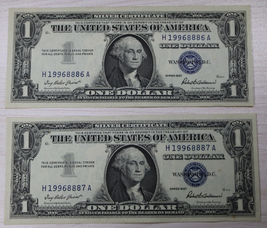 2- 1957 $1.00 Silver Certificates, w/ sequential serial numbers, sells times the money