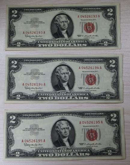3- 1963 U.S. $2 Red Seal Bills, w/ sequential serial numbers, sells times the money