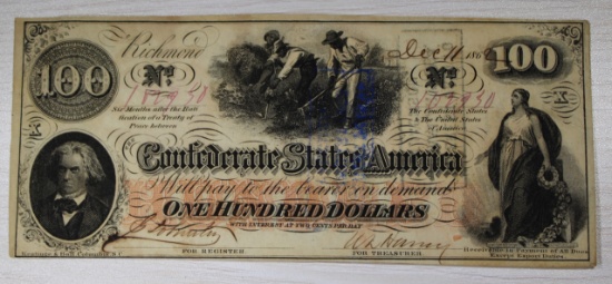 1862 Confederate States $100 Currency Note w/ interest paid stamps on back