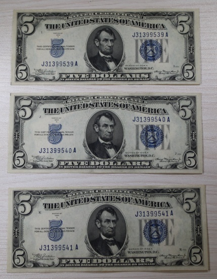 3- 1934 $5 U.S. Silver Certificates, Blue Seal w/ Consecutive Serial Numbers, sells times the money