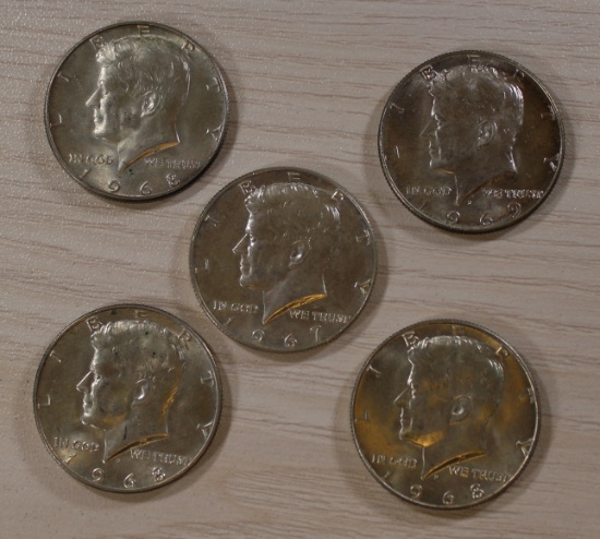 5- 40% Silver Kennedy Half Dollars, sells times the money