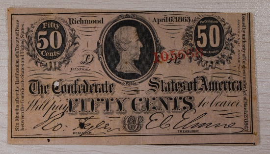 Confederate States 50 Cents Currency Note, April 6, 1863