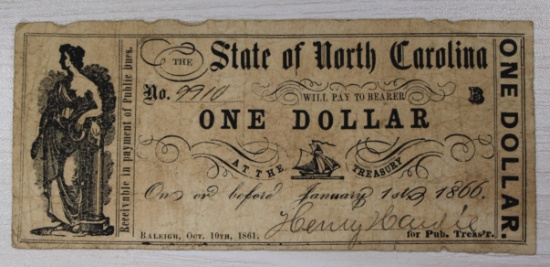 1866 State of North Carolina One Dollar Note