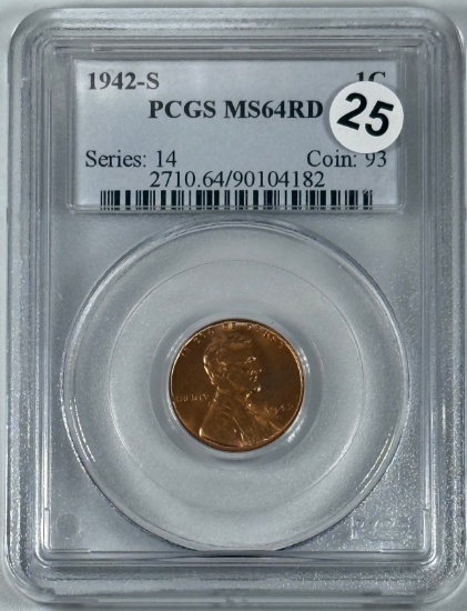 1942-S Lincoln Wheat Cent in PCGS MS64RD Holder