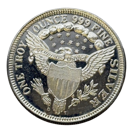 One Troy Ounce Silver Bullion Coin, 999 Fine, Liberty and Eagle Design