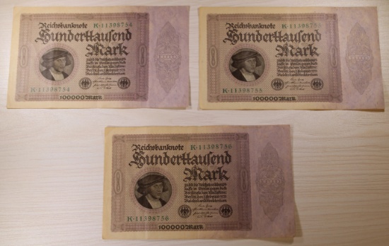 3- 1923 German 100,000 Mark Reichsbanknote, w/ consecutive Serial Numbers, sells times the money
