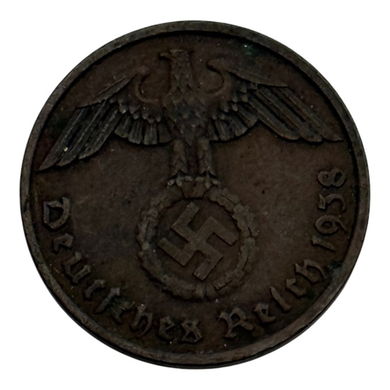 1938 German 2 Reichspfennig Coin, Bronze, Nazi Era