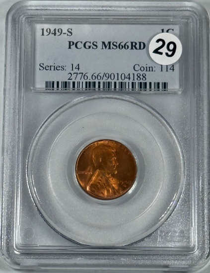 1949-S Lincoln Wheat Cent, in PCGS MS66RD Holder