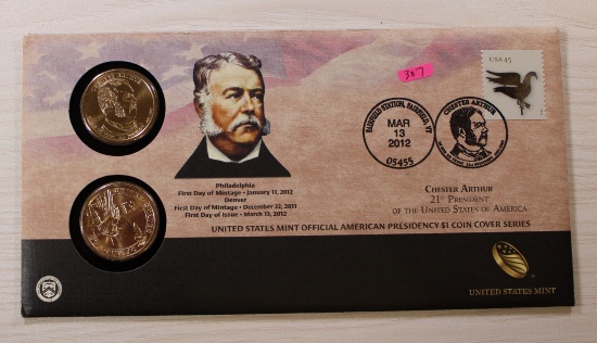 Chester Arthur $1 Coin Cover, 2012, US Mint, Philadelphia & Denver