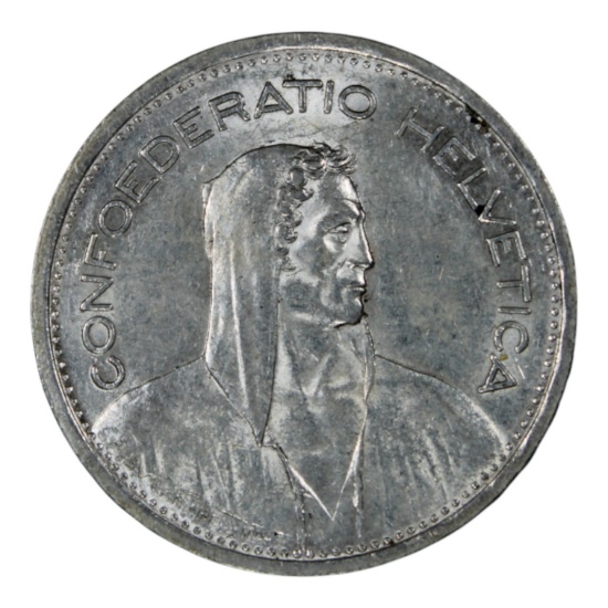 1954 Swiss 5 Franc Coin, Confederatio Helvetica, Silver, Mint Mark B