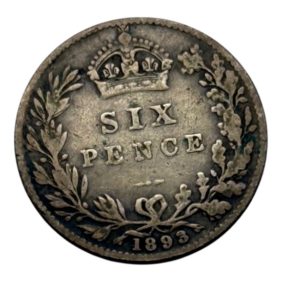 1893 United Kingdom Six Pence Coin, Silver, Queen Victoria Design