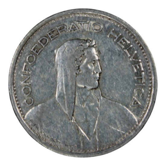 Swiss 5 Franc Coin, 1954, Silver Composition, Mint Mark B