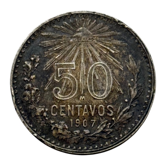 1907 Mexico 50 Centavos Coin, Silver, Mint Mark M