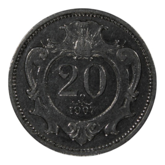 1907 Austria 20 Heller Coin, Double-Headed Eagle Design
