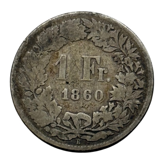 1860 Switzerland 1 Franc Coin, Silver