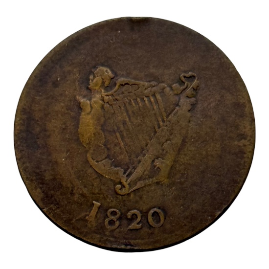 1820 Irish Penny Coin, Harp Design, Copper