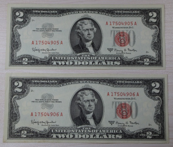2- 1963A U.S. Two Dollar Bills, w/ consecutive Serial Numbers, sells times the money