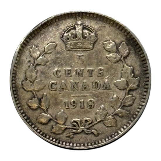 1918 Canada 5 Cents Coin, King George V, Silver Composition