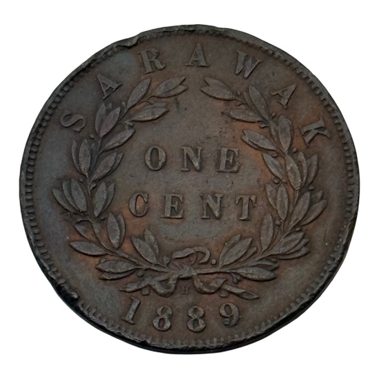 Sarawak 1889 One Cent Coin, C. Brooke Rajah, Bronze