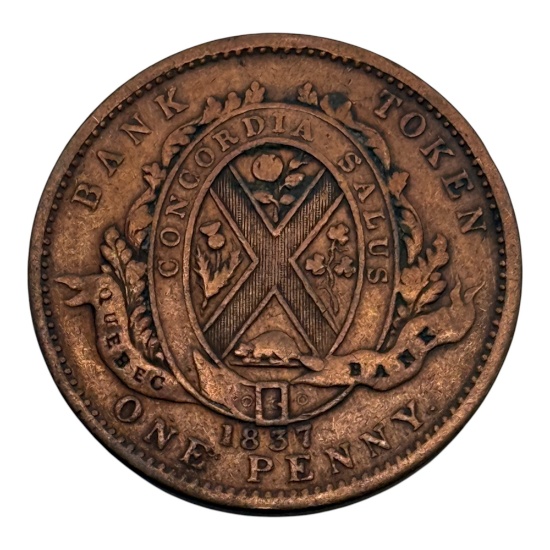 1837 Lower Canada Coin, One Penny/Deux Sous, Coat of Arms and Standing Figure