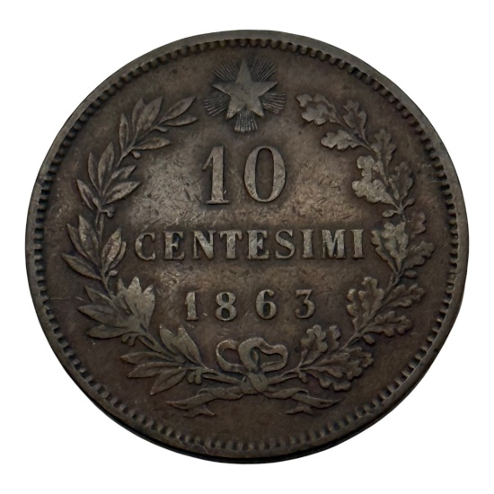 1863 Italy 10 Centesimi Vittorio Emanuele II Coin