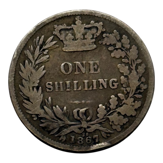 1867 British One Shilling Coin, Silver, Queen Victoria