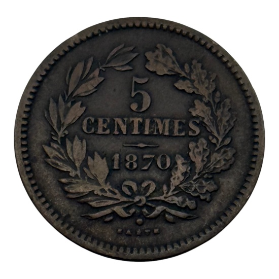 1870 Luxembourg 5 Centimes Coin, Bronze, Coat of Arms Design