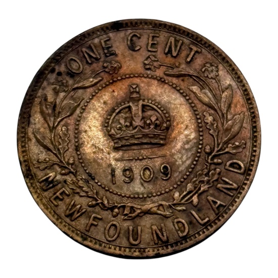 1909 Newfoundland One Cent Coin, Edward VII Portrait, Bronze