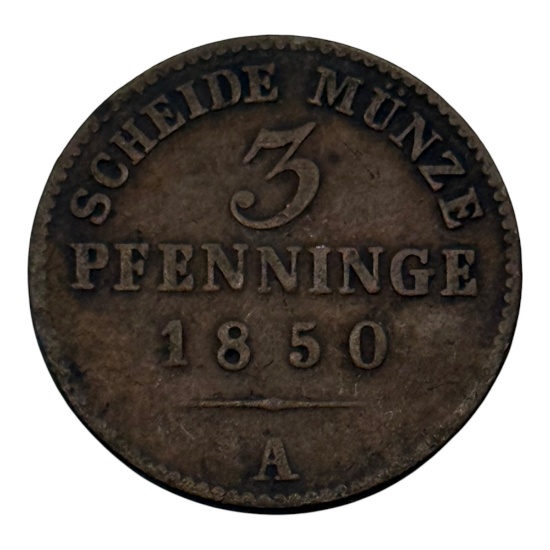 1850 Prussian 3 Pfennige Coin, Mint Mark A, Copper