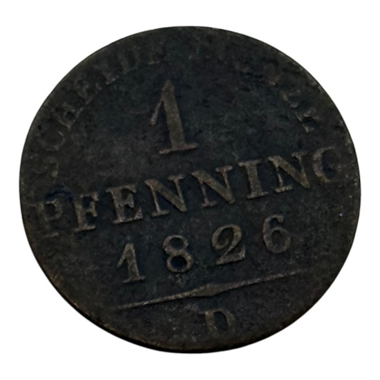 1826 German States Bavaria 1 Pfennig Coin, Mint Mark D, Copper