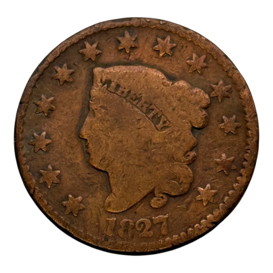 1827 Coronet Head Large Cent, Copper, United States Coin