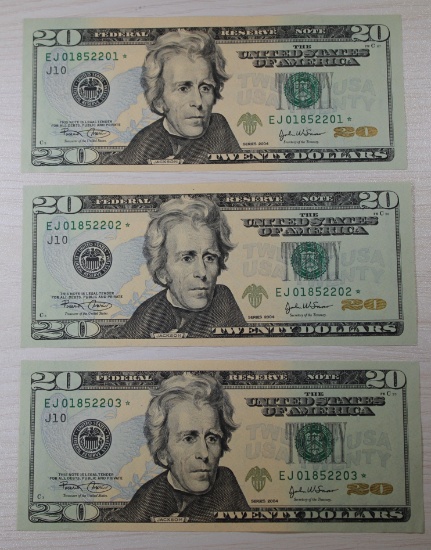 3- 2004 $20.00 US Star Notes, w/ consecutive serial numbers, sells times the money