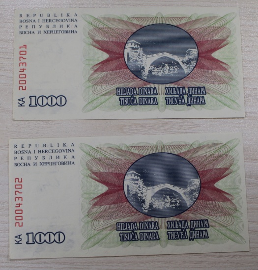 2-1992 Bosnia & Herzegovina 1000 Dinar Banknotes w/consecutive serial numbers, sells times the money
